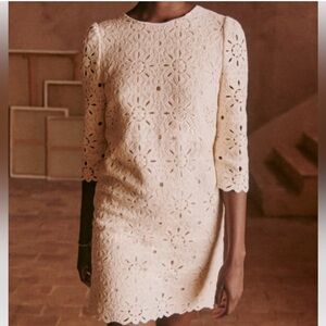 Sezane Cream Floral Lace Long Sleeve Dress